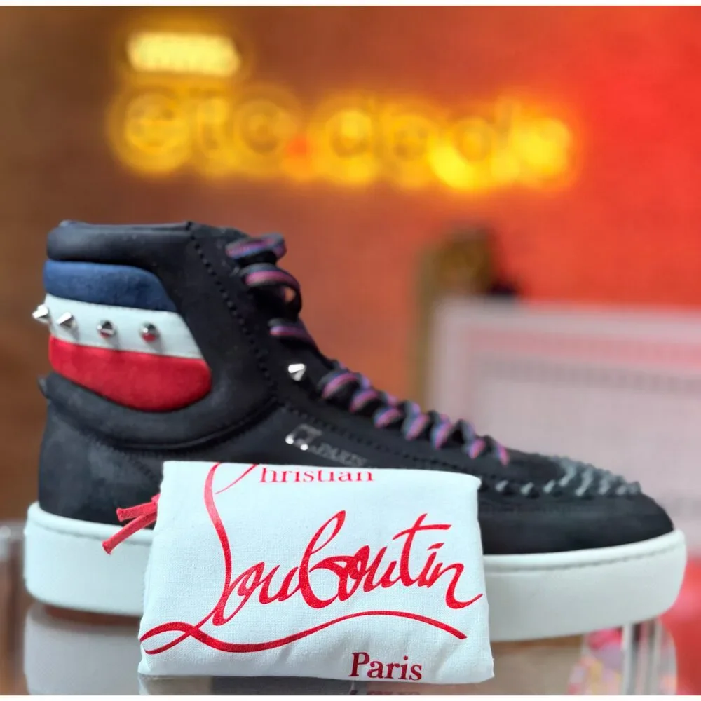 Christian Louboutin Men’s High-Top Spiked Sneakers Black Suede Red Blue EU 41